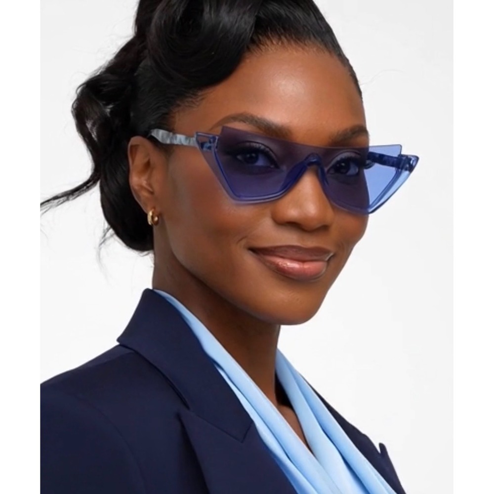 Blue Rimless Cat Eye Shield Sunglasses‎ Futuristic Geometric Marbled Arms